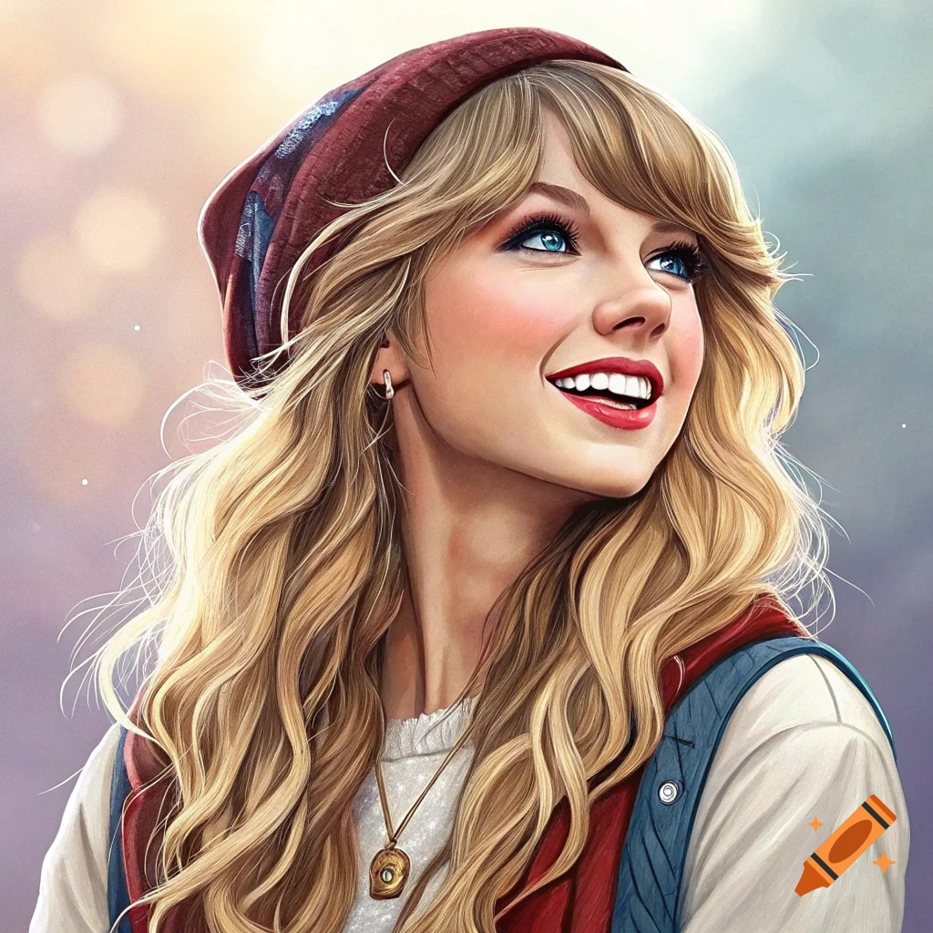 Stylized portrait of Taylor Swift smiling, wearing a beanie and vest