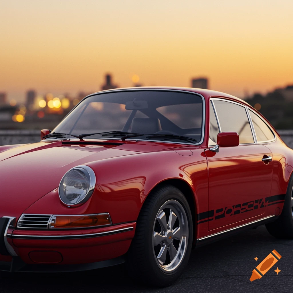A red classic Porsche 911 is parked at sunset with a city skyline in the background.