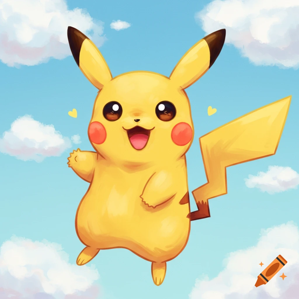 A cute, chibi Pikachu floating in a blue sky with clouds.