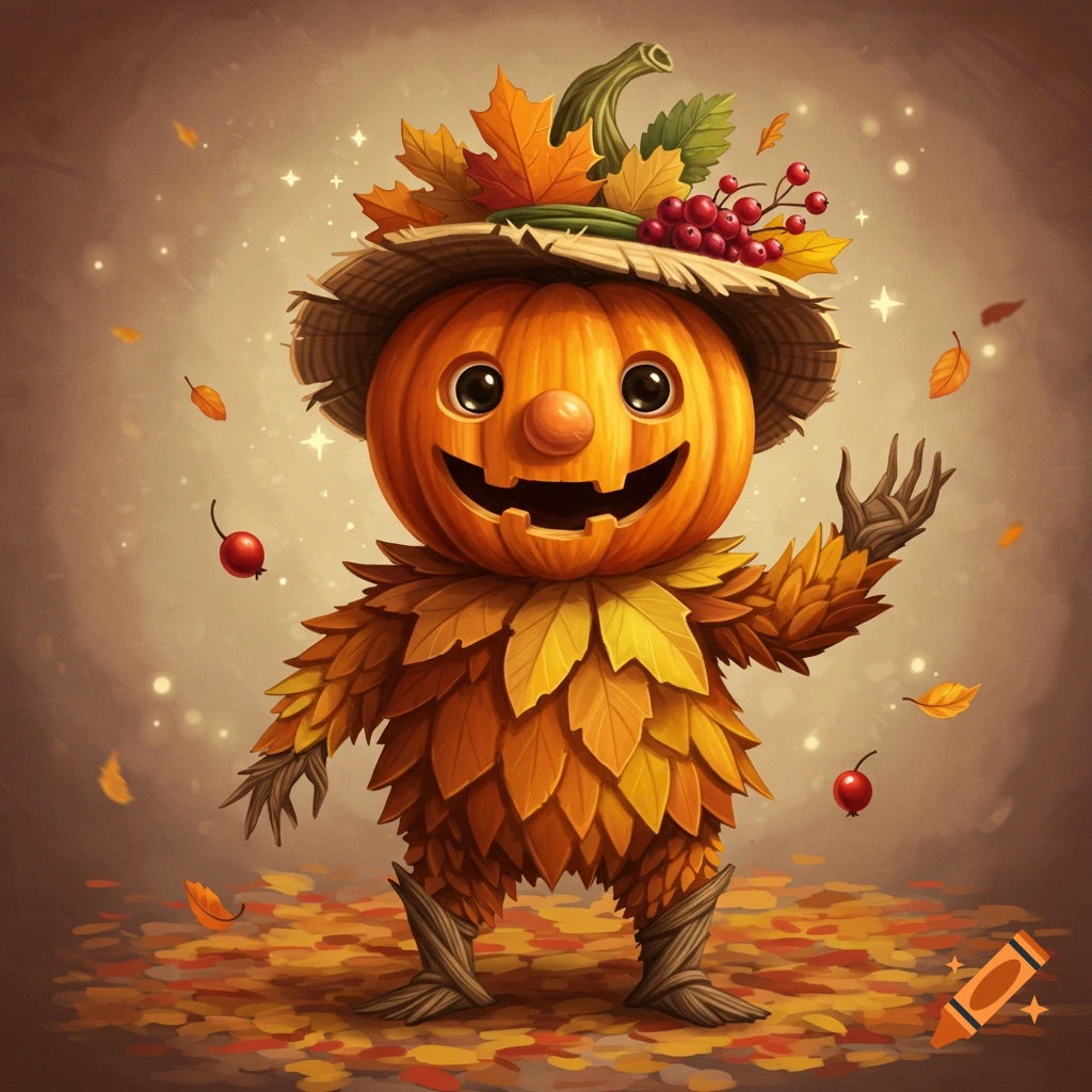 Cute pumpkin head character wearing a straw hat and leaf costume, standing in fallen autumn leaves.