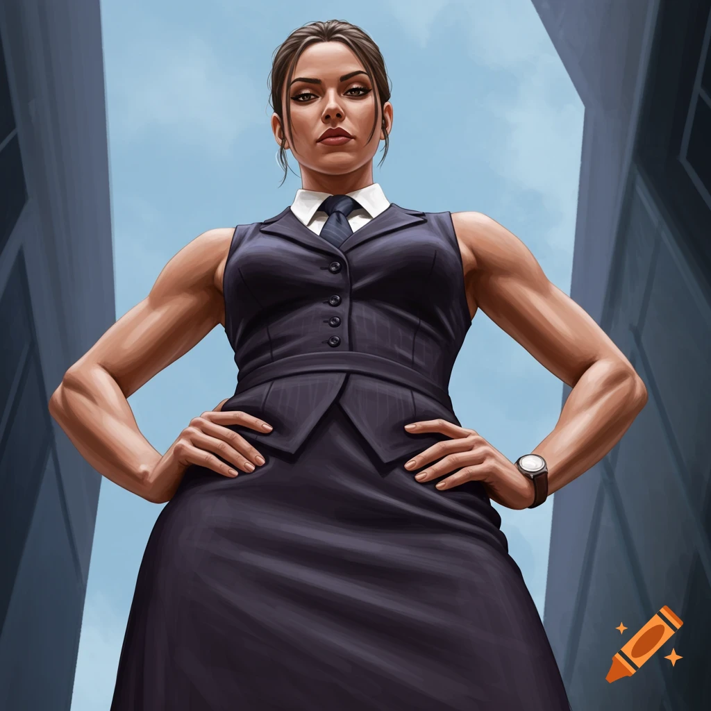 A strong woman in a business suit looking down from a low angle with hands on hips.
