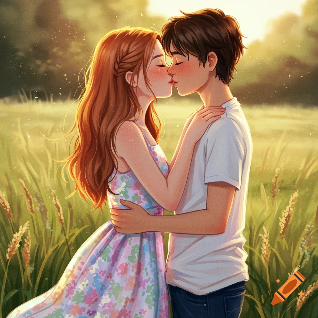 A young couple is kissing in a sunlit field.