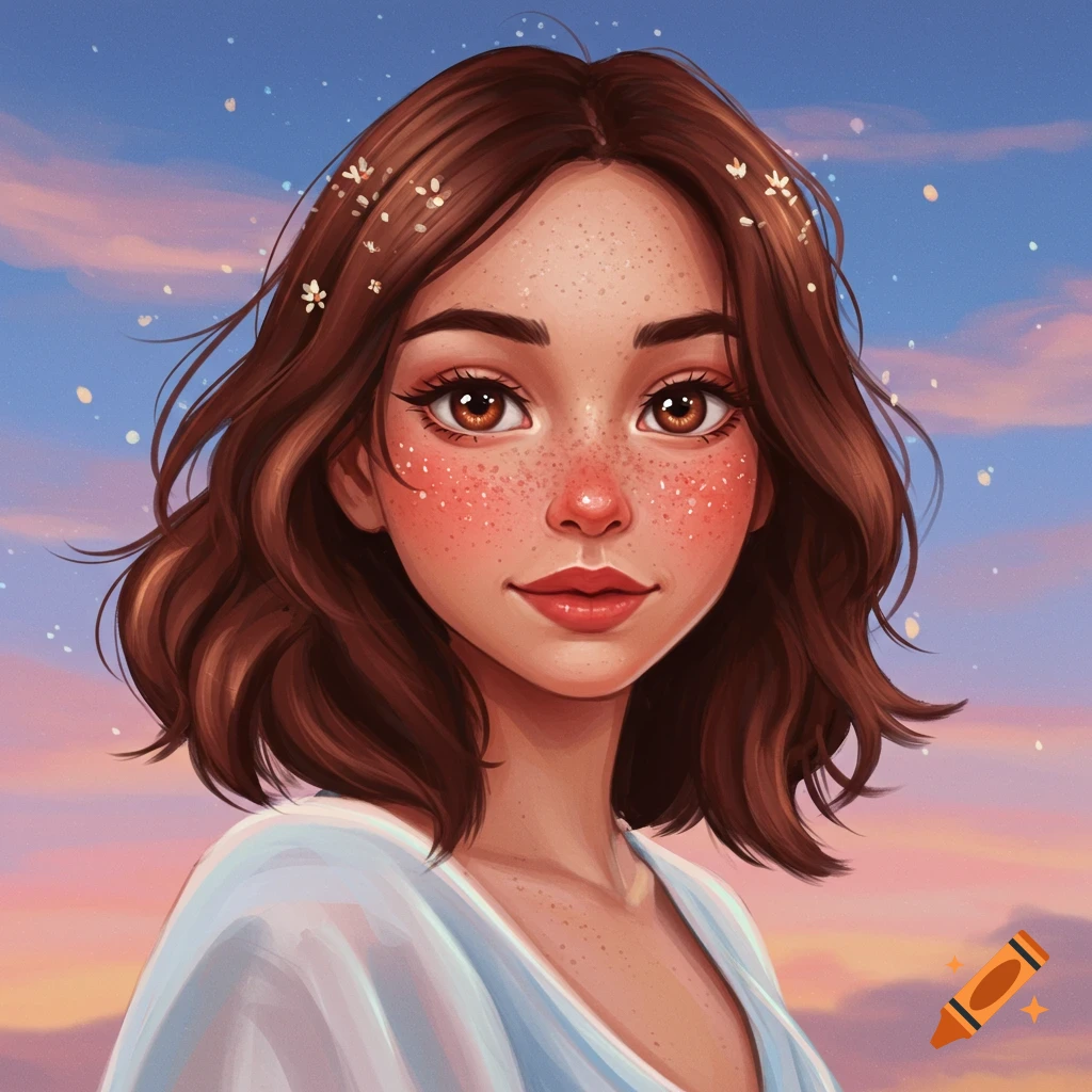 Portrait of a woman with brown hair, brown eyes, and freckles against a colorful sky background.