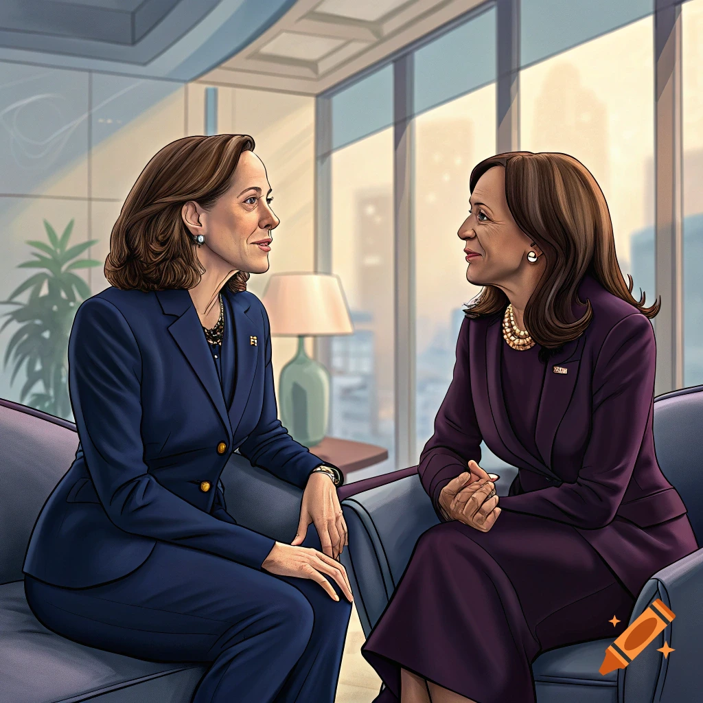 Illustration of two women in suits talking in an office setting.