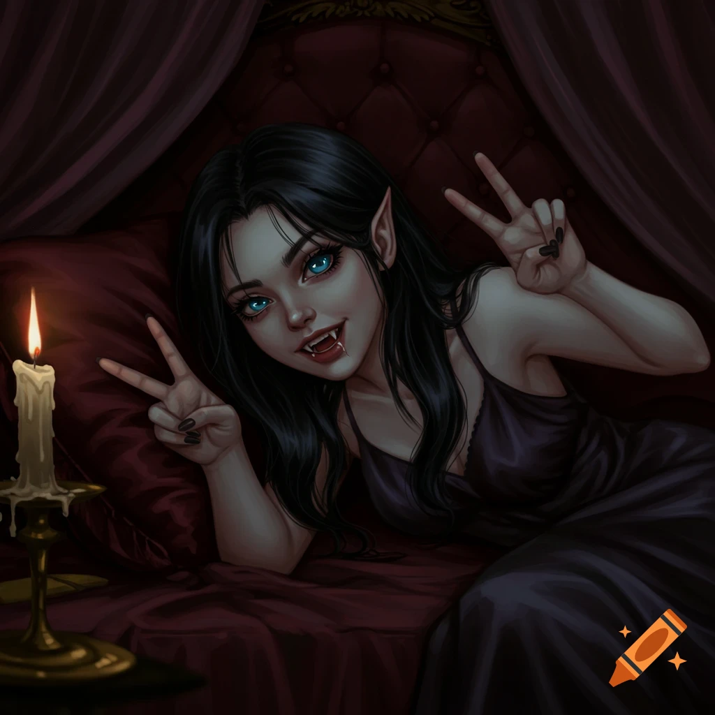 Fantasy illustration of a vampire girl with fangs, blue eyes, black hair, on a bed, making peace signs