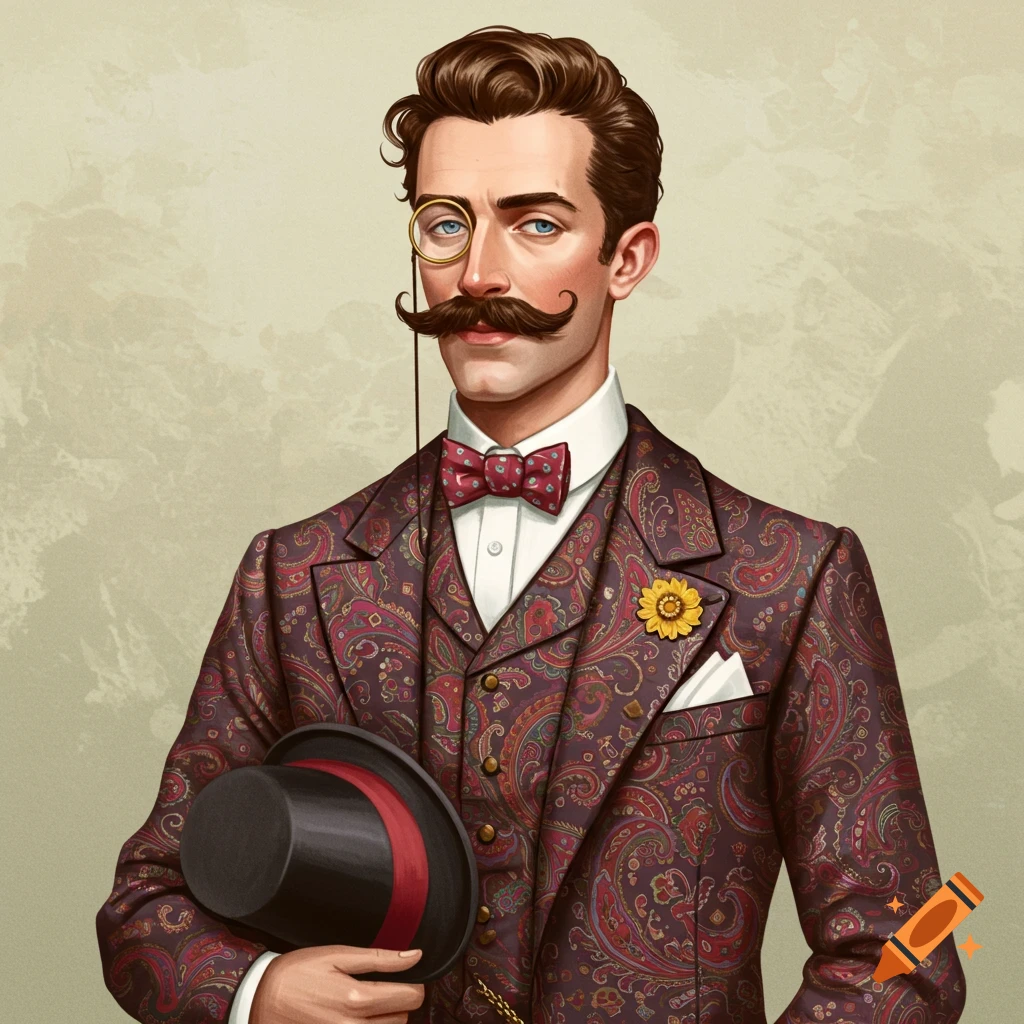A dandy man with a mustache and monocle wearing a paisley suit and holding a top hat.
