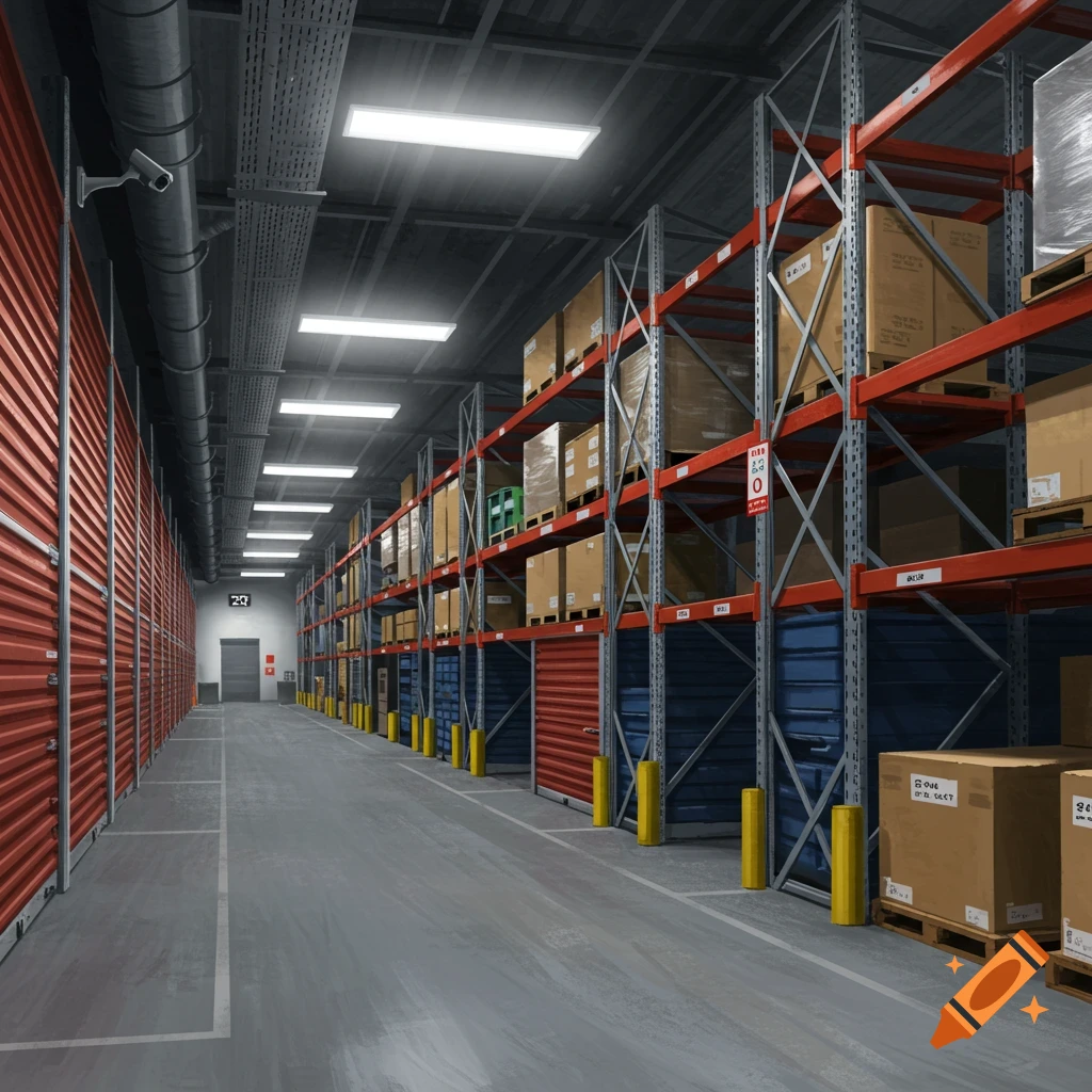 A storage facility interior with rows of units and shelves full of boxes.