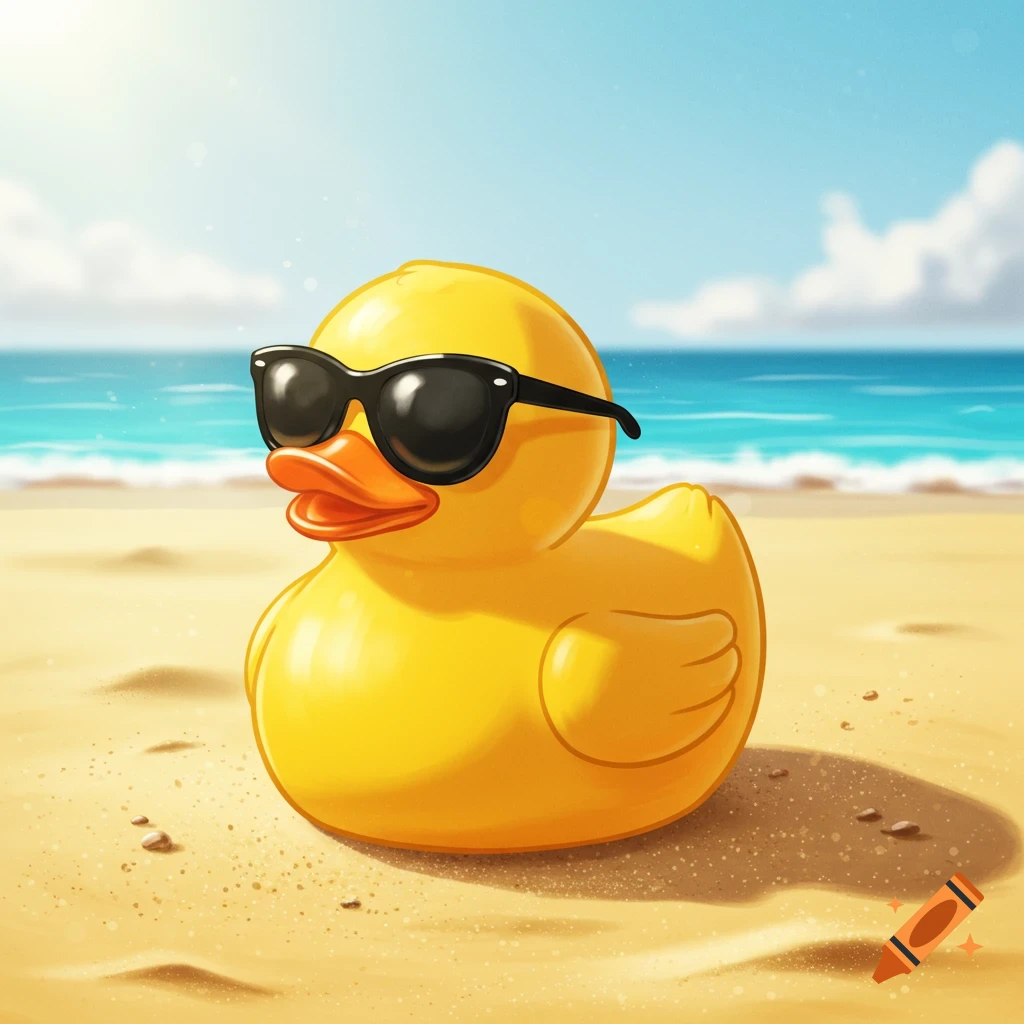 A yellow rubber duck wearing sunglasses sits on a sandy beach with the ocean in the background.