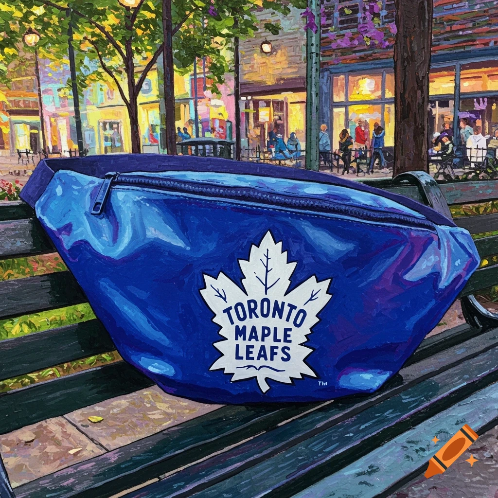 A blue fanny pack with a Toronto Maple Leafs logo is sitting on a park bench.