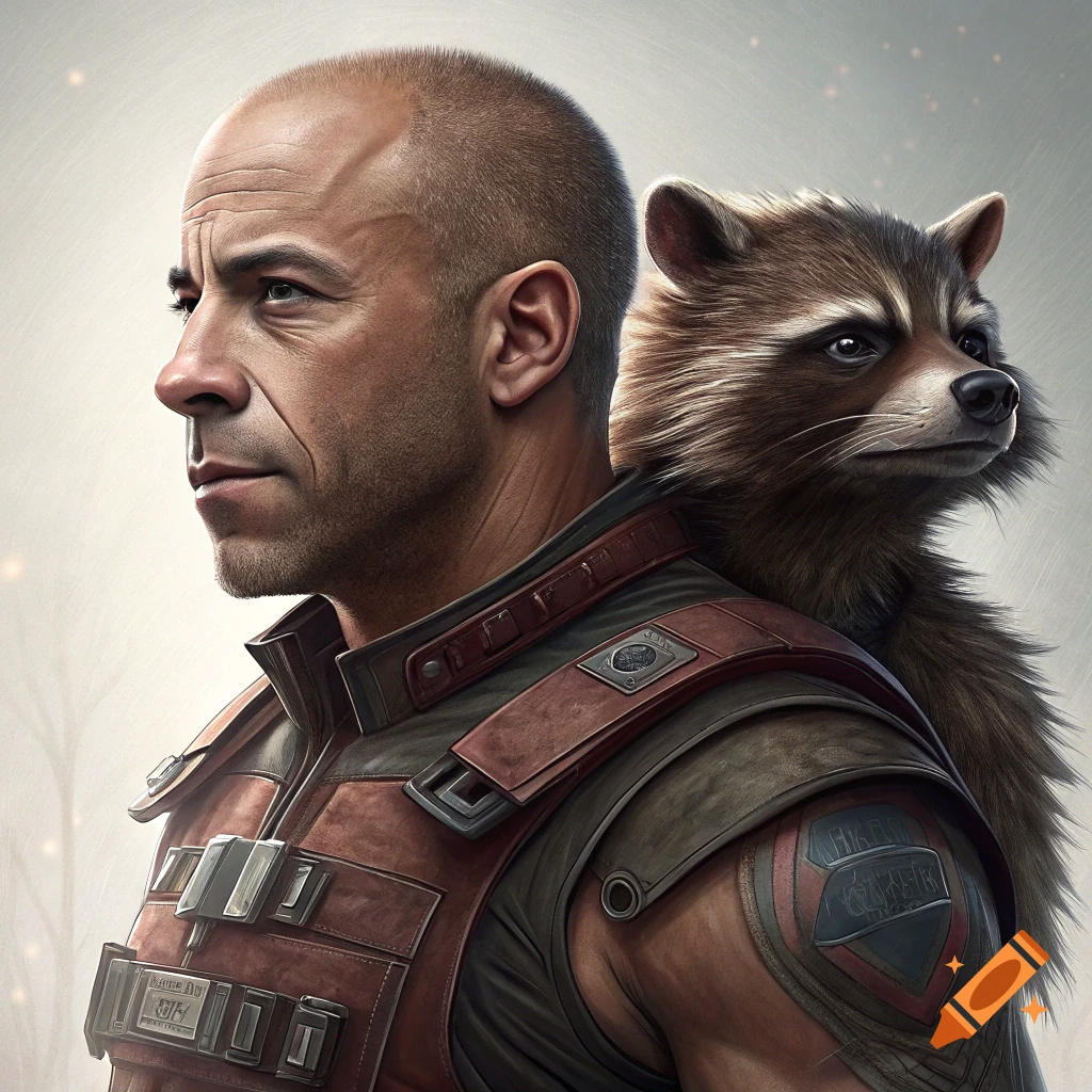 A bald man's head on a raccoon's body, wearing futuristic armor, looking left with the raccoon looking right.