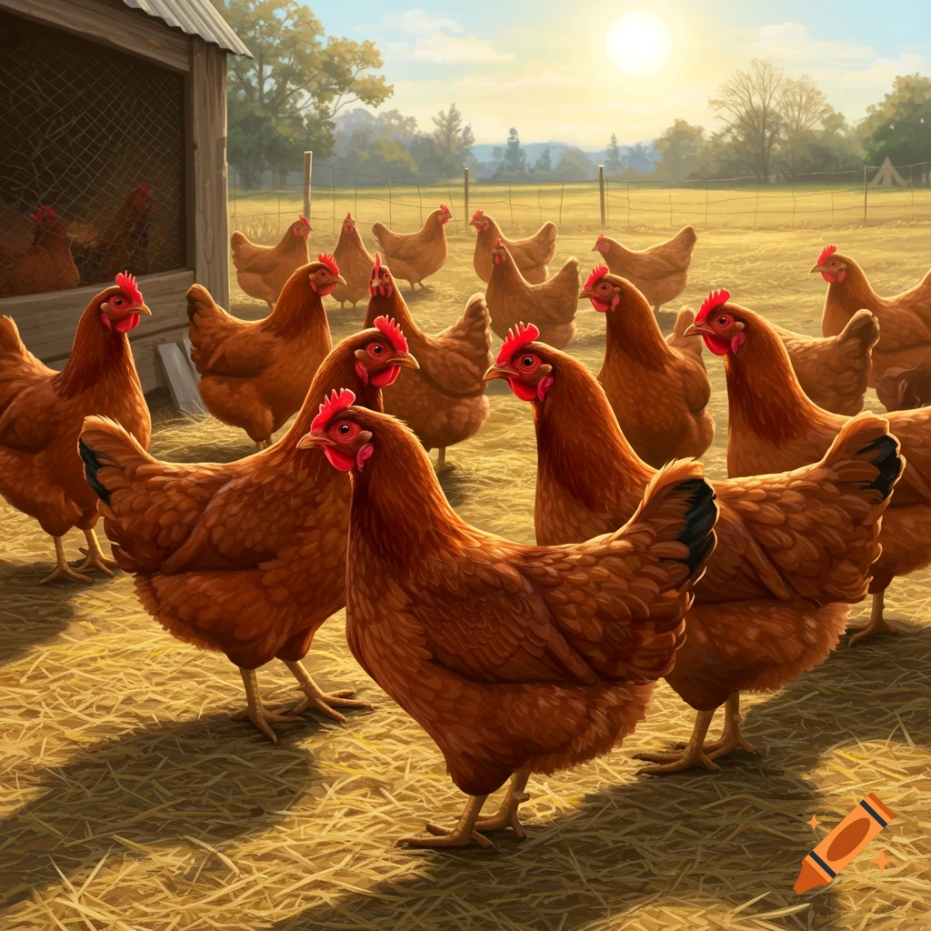 Many brown chickens (Rhode Island Reds) in a sunlit farmyard near a coop.