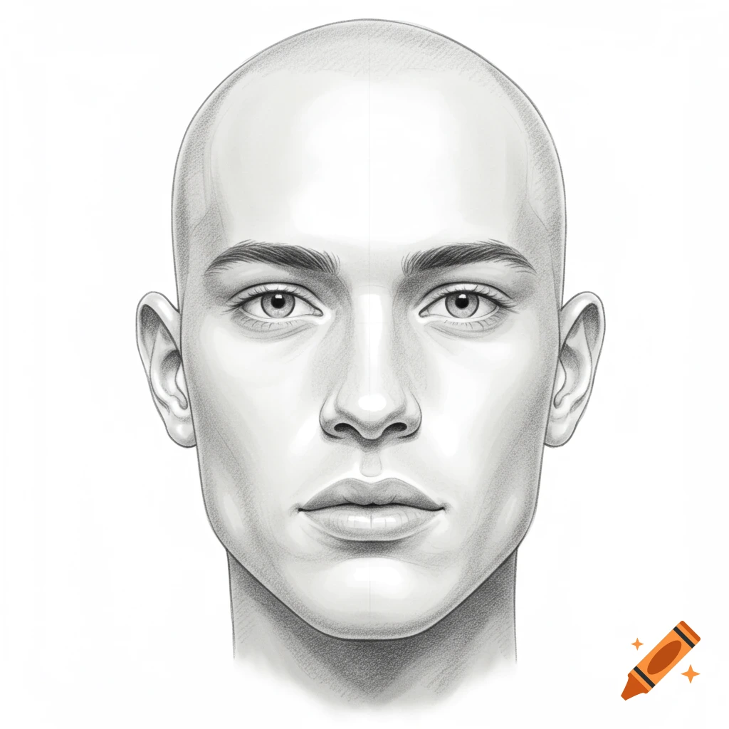Pencil sketch of a bald male face, front view, with light shading.