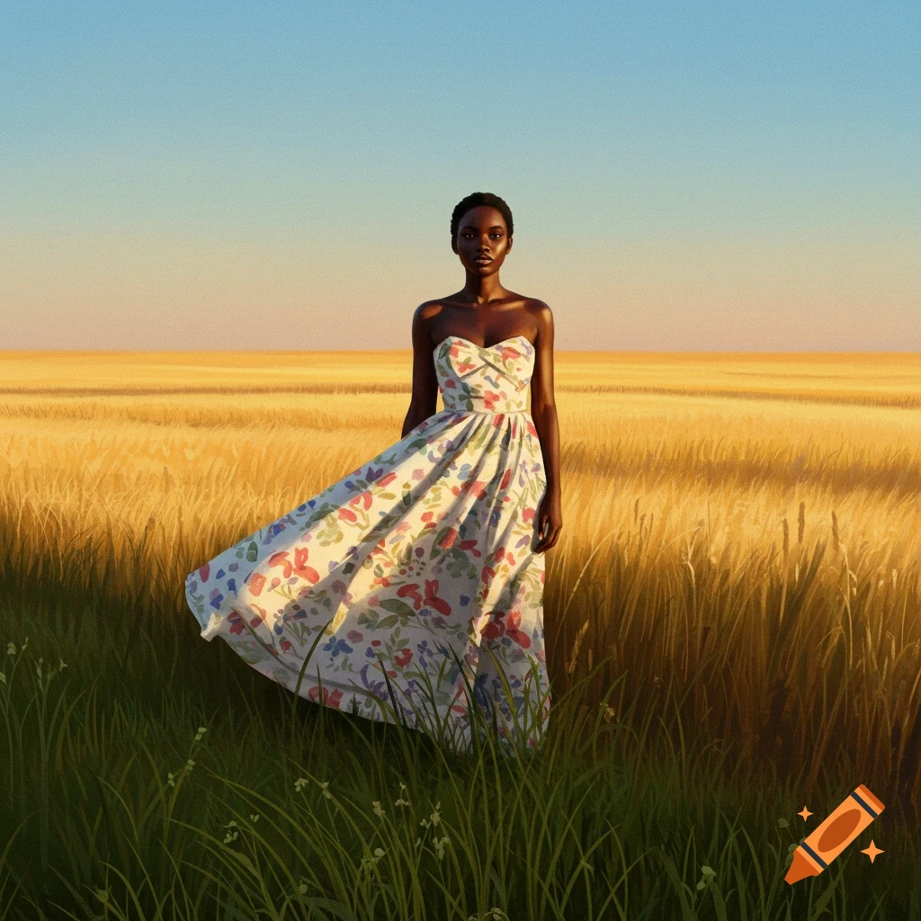 A Black woman in a floral dress stands in a golden wheat field at sunset.