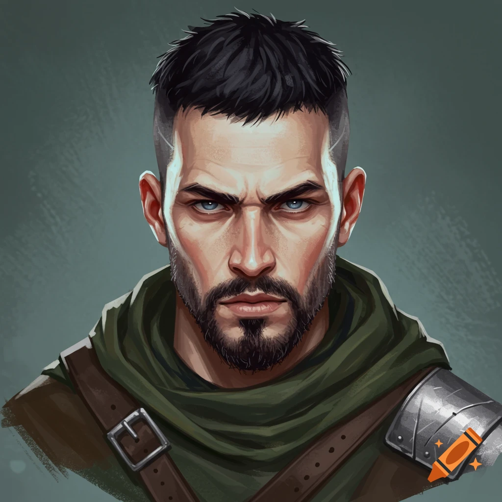 Man with short dark hair, beard, and blue eyes wearing fantasy armor and a green hood.