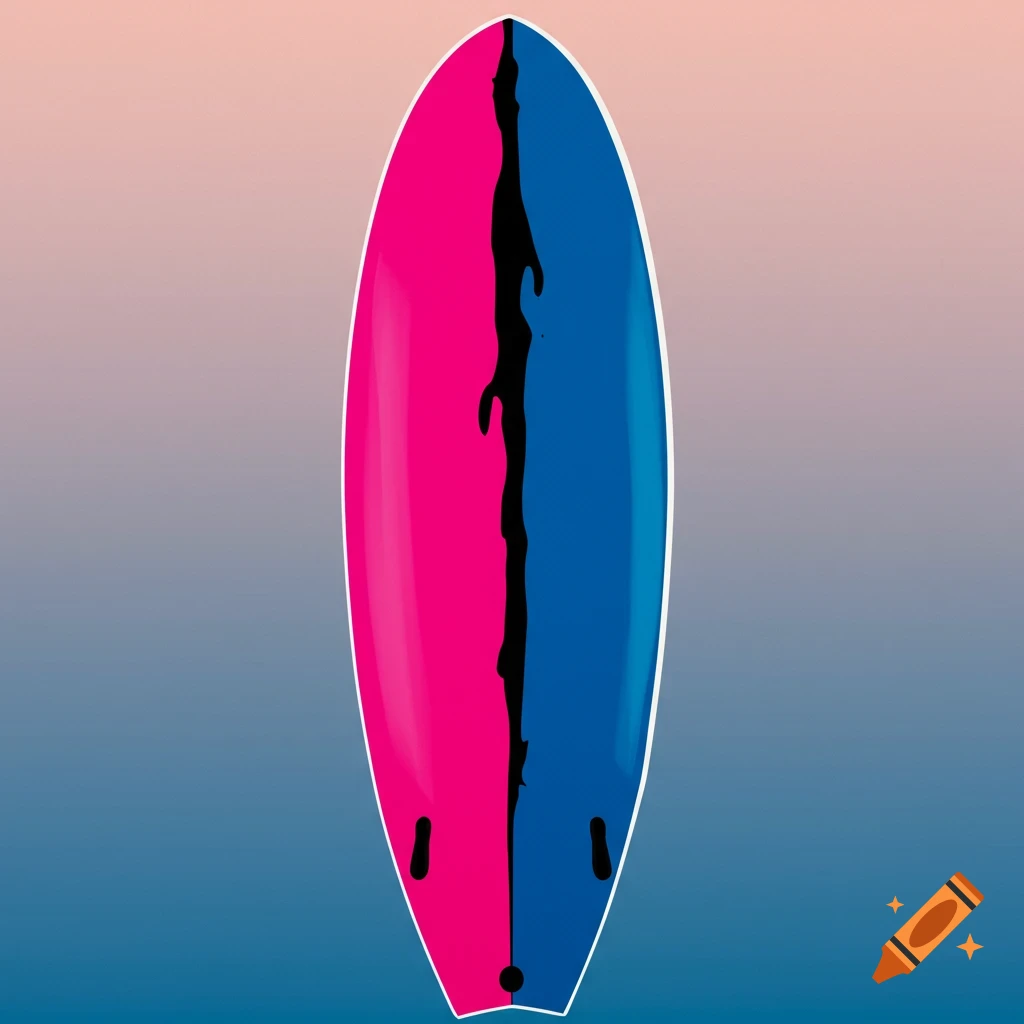 A surfboard split pink and blue with a black drip down the center.