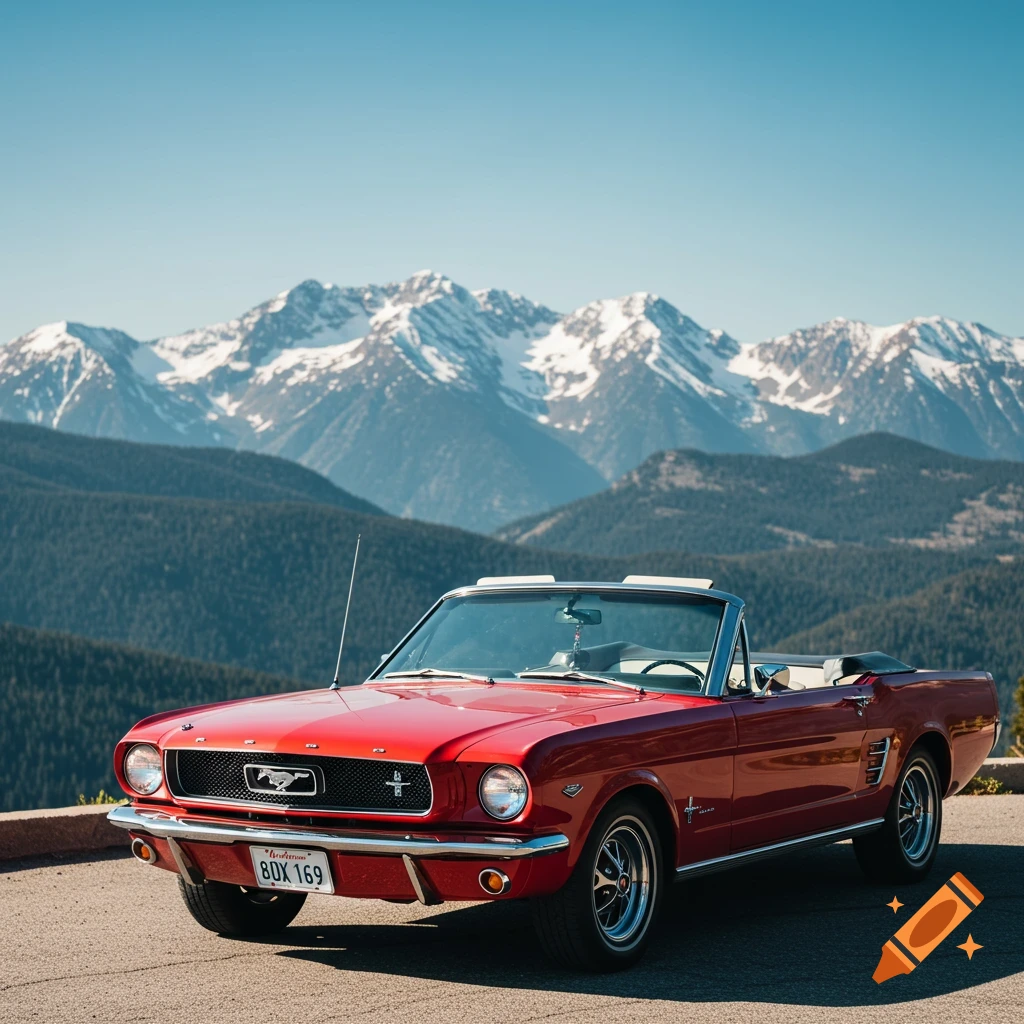 A red classic convertible car parked on a mountain road on a sunny day.