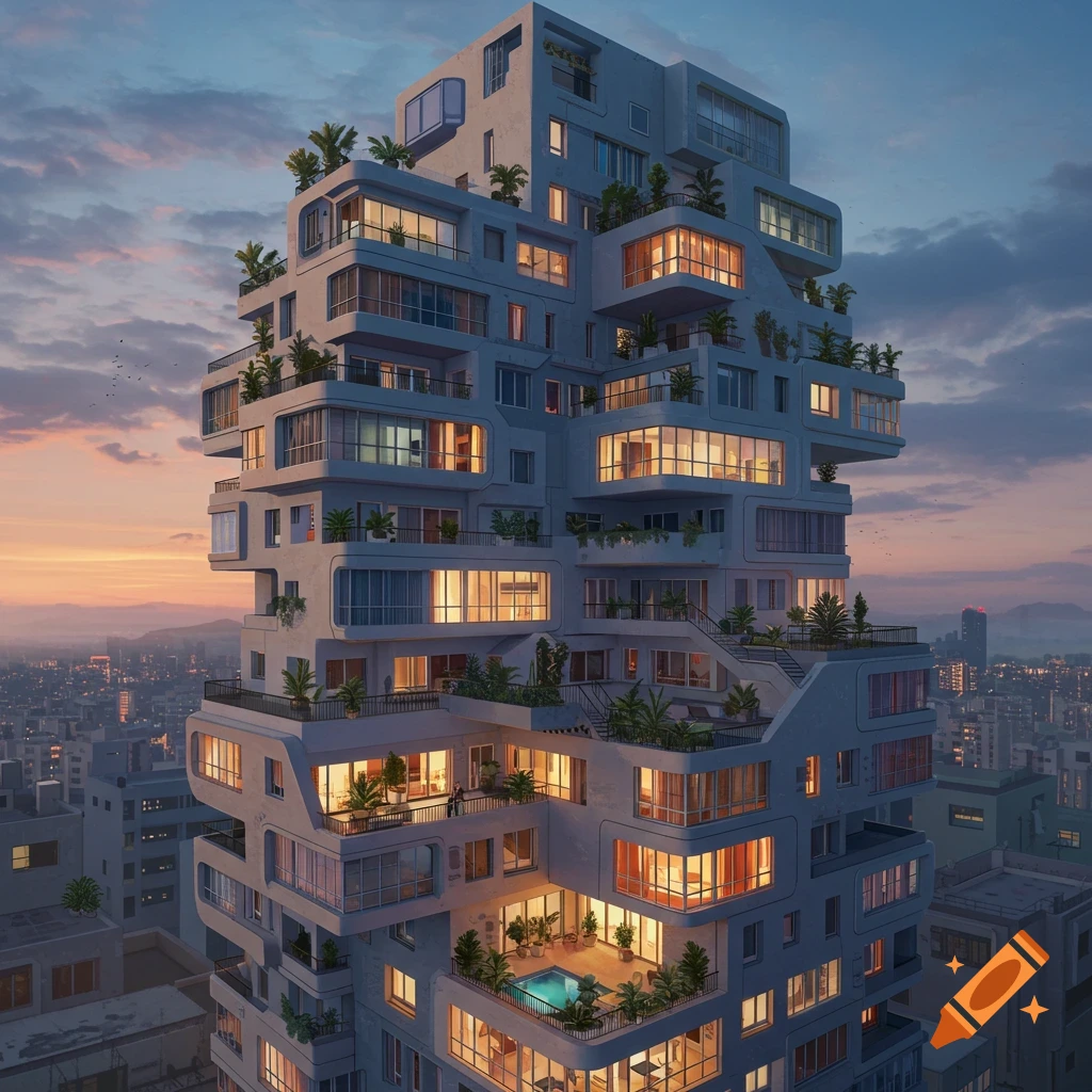 A modern, stacked apartment building with balconies and plants, lit up at dusk, overlooking a city.