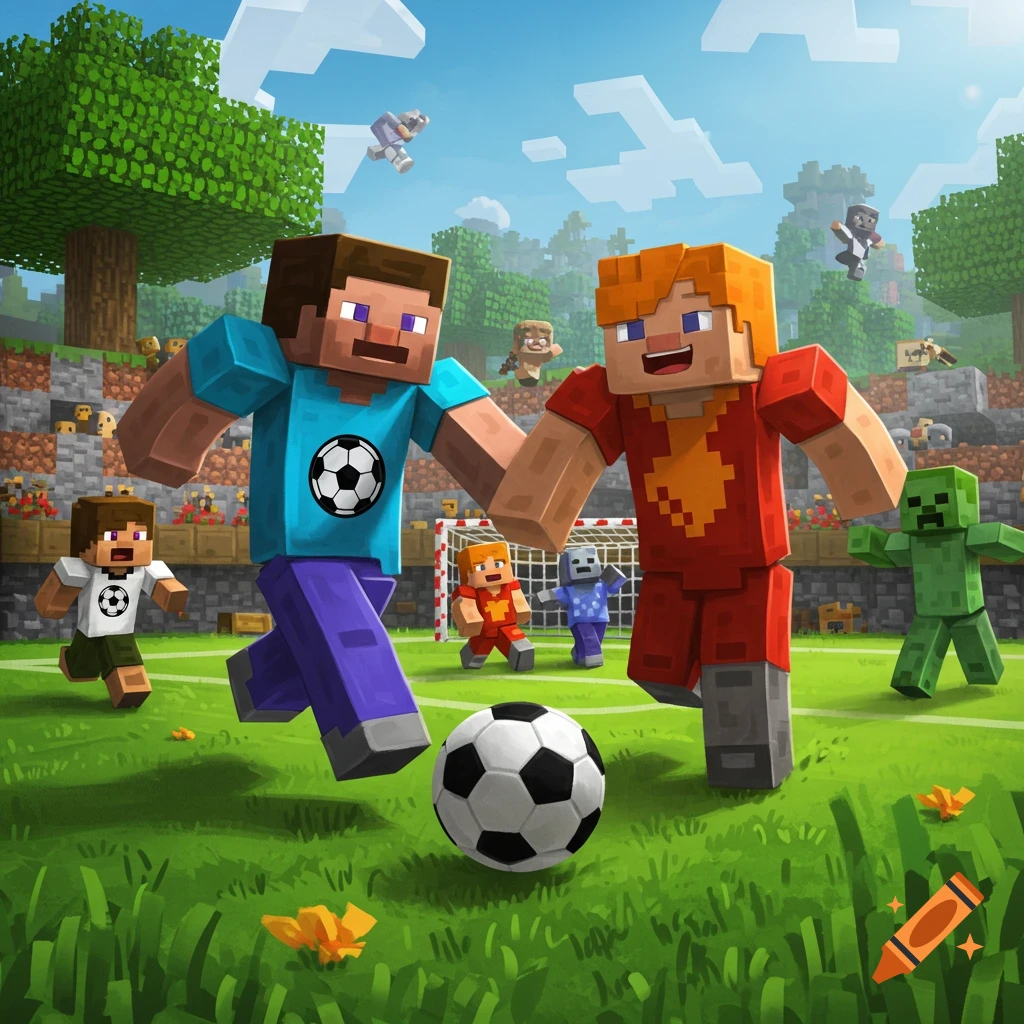 Minecraft characters playing soccer on a green field