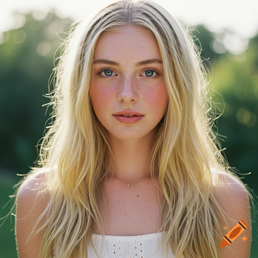 Close-up portrait of a young woman with blonde hair and blue eyes outdoors
