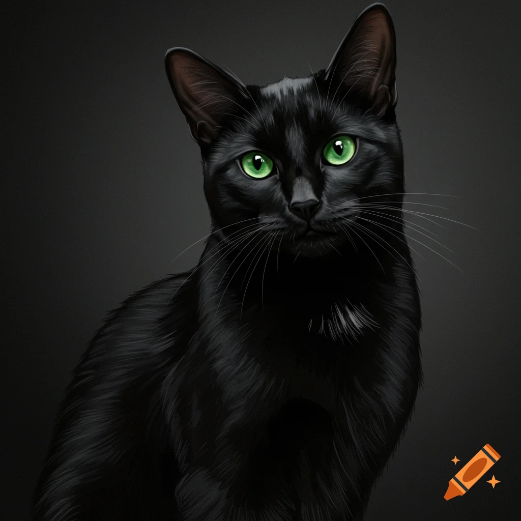 A black cat with bright green eyes looks directly at the viewer.