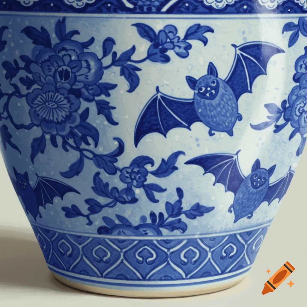 A blue and white ceramic pattern featuring bats and flowers.