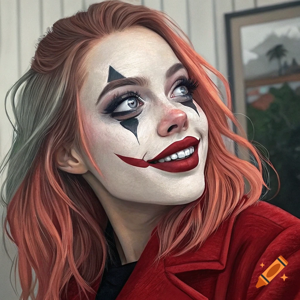 Close-up portrait of a woman with Joker-style clown makeup, smiling and looking up.
