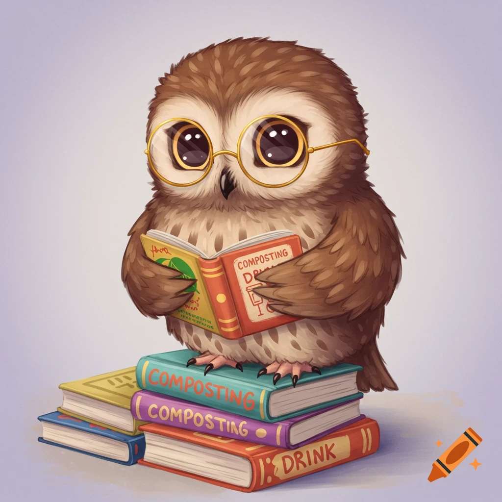 A cute owl wearing glasses, reading a book while sitting on a stack of books.