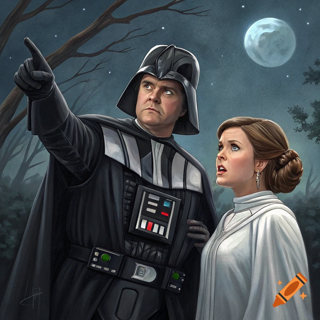 Man in Darth Vader suit points next to woman in Princess Leia dress in dark woods under moon