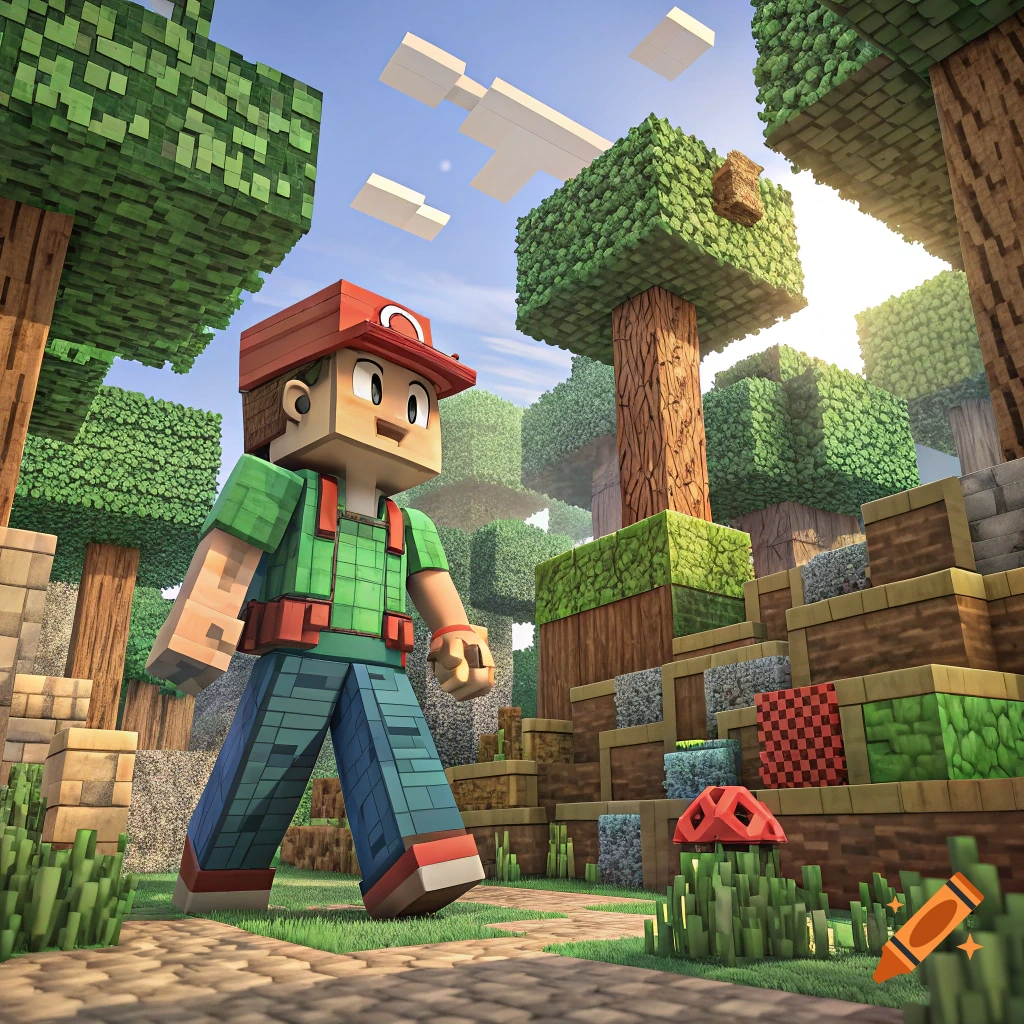 Blocky character in a red hat and green shirt walking through a Minecraft forest.