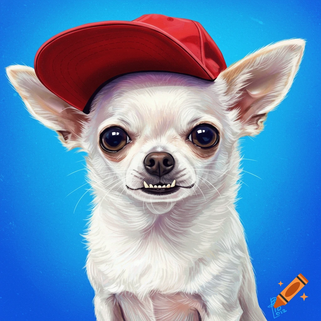 A white Chihuahua with an underbite wearing a red baseball cap backwards.