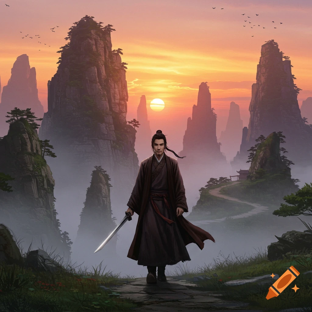 A wuxia warrior with a sword stands on a path in a misty mountain landscape at sunset.