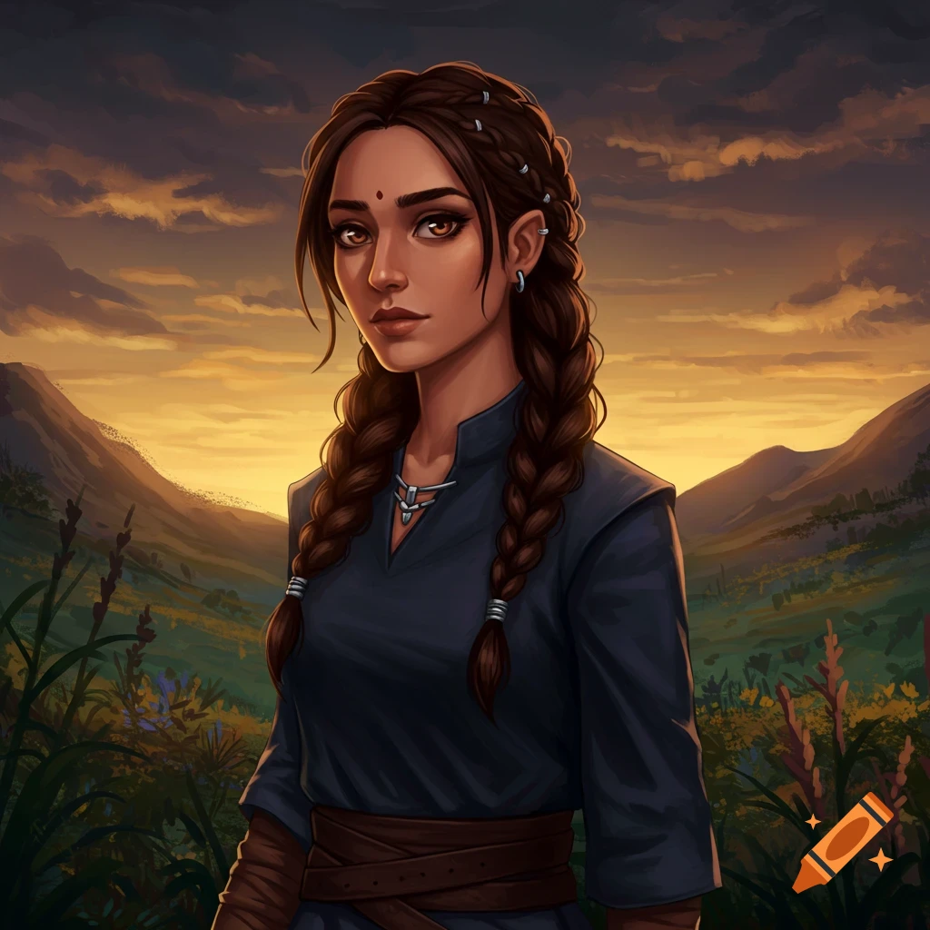 A woman with braided hair stands in a field at sunset.