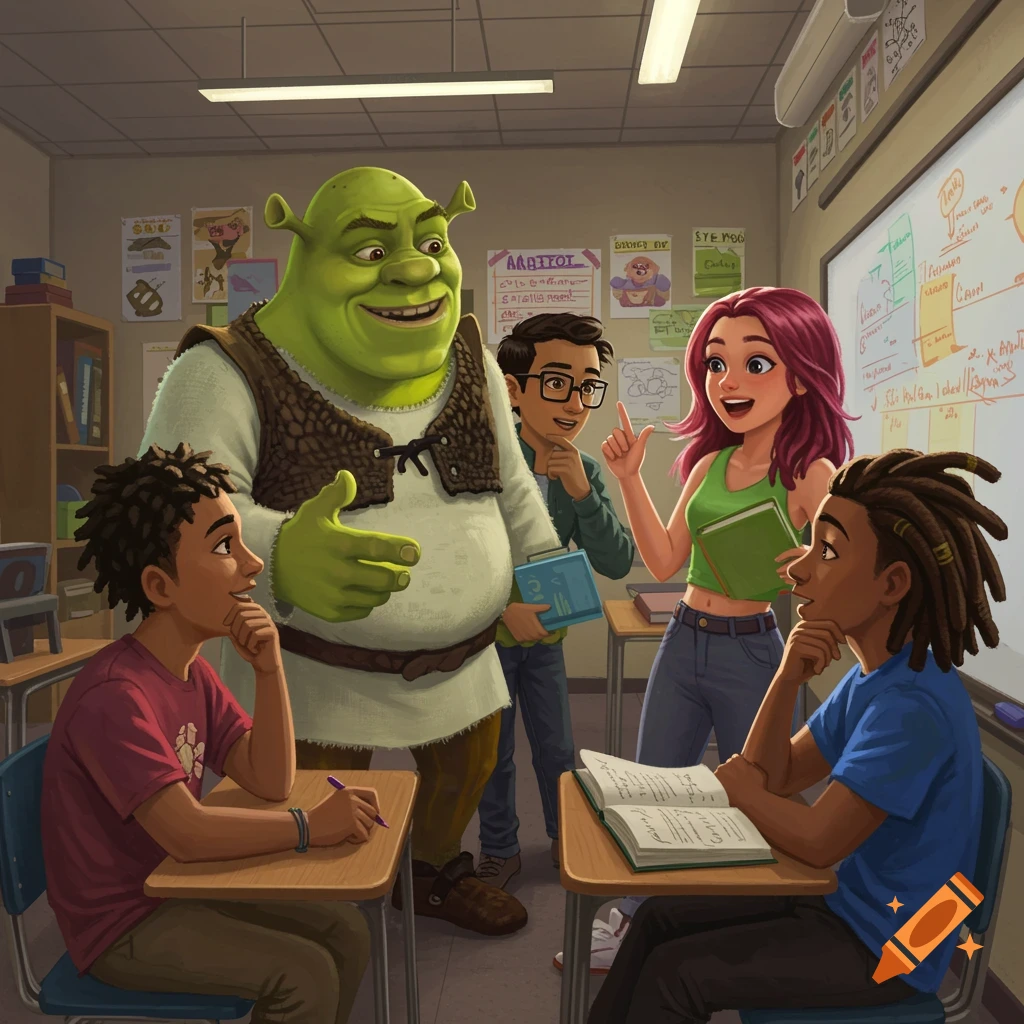 Shrek and four diverse students discuss in a classroom.