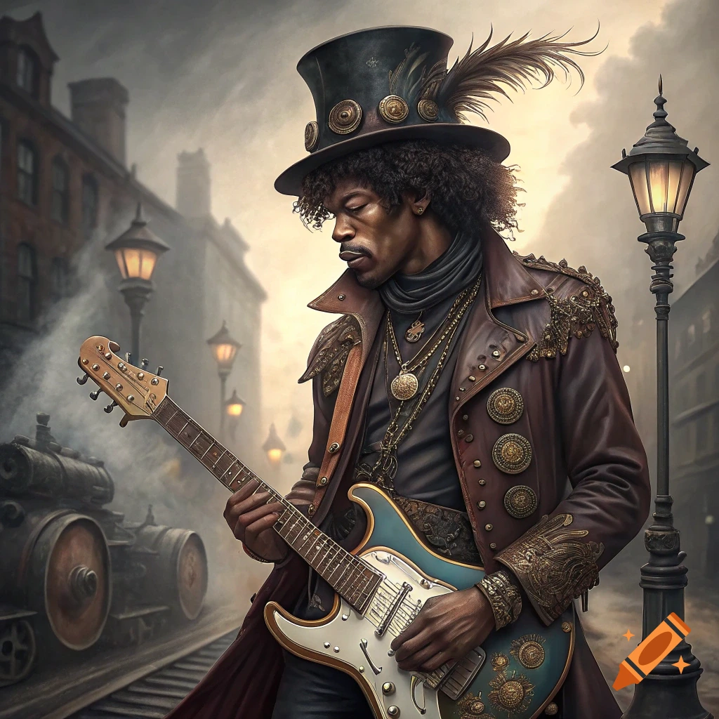 A person in steampunk attire plays a guitar on a street with a train in the background.