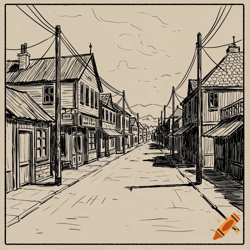 A sepia sketch of a deserted street in an old town with buildings on both sides.