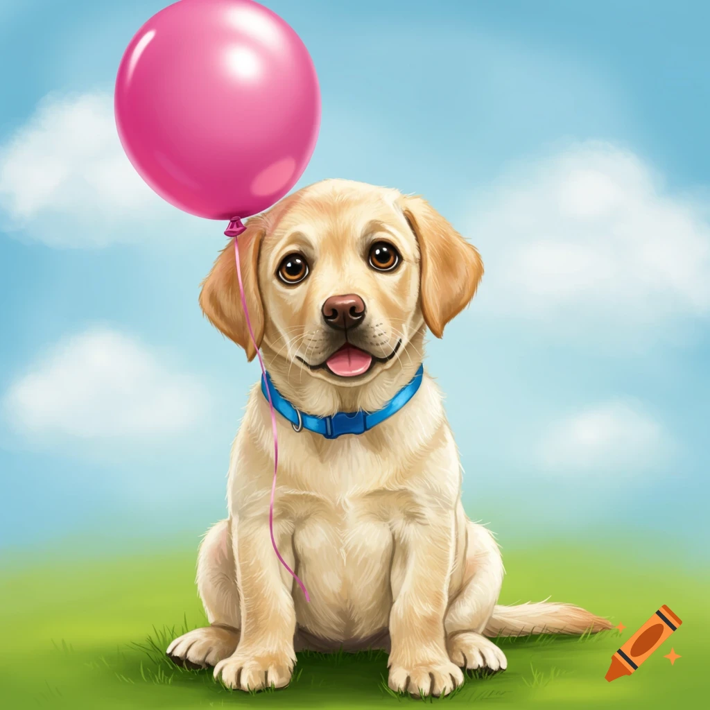 A cute yellow labrador puppy sits in the grass holding a pink balloon.