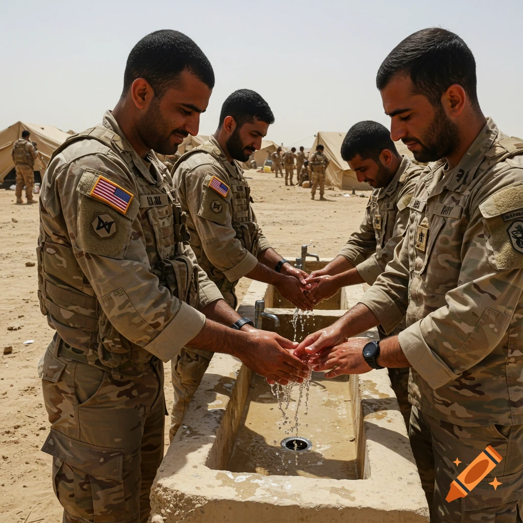 Four soldiers in uniform wash their hands in an outdoor sink at a desert camp. Photorealistic style.