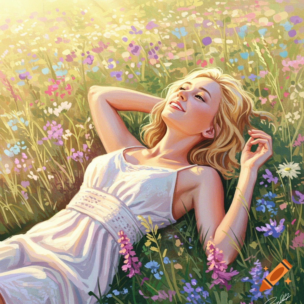 A blonde woman in a white dress lies in a field of colorful flowers under sunlight.