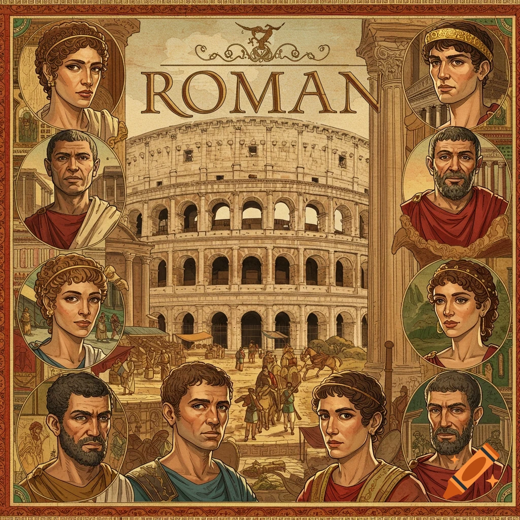 A poster style image showing Roman portraits around a view of the Colosseum