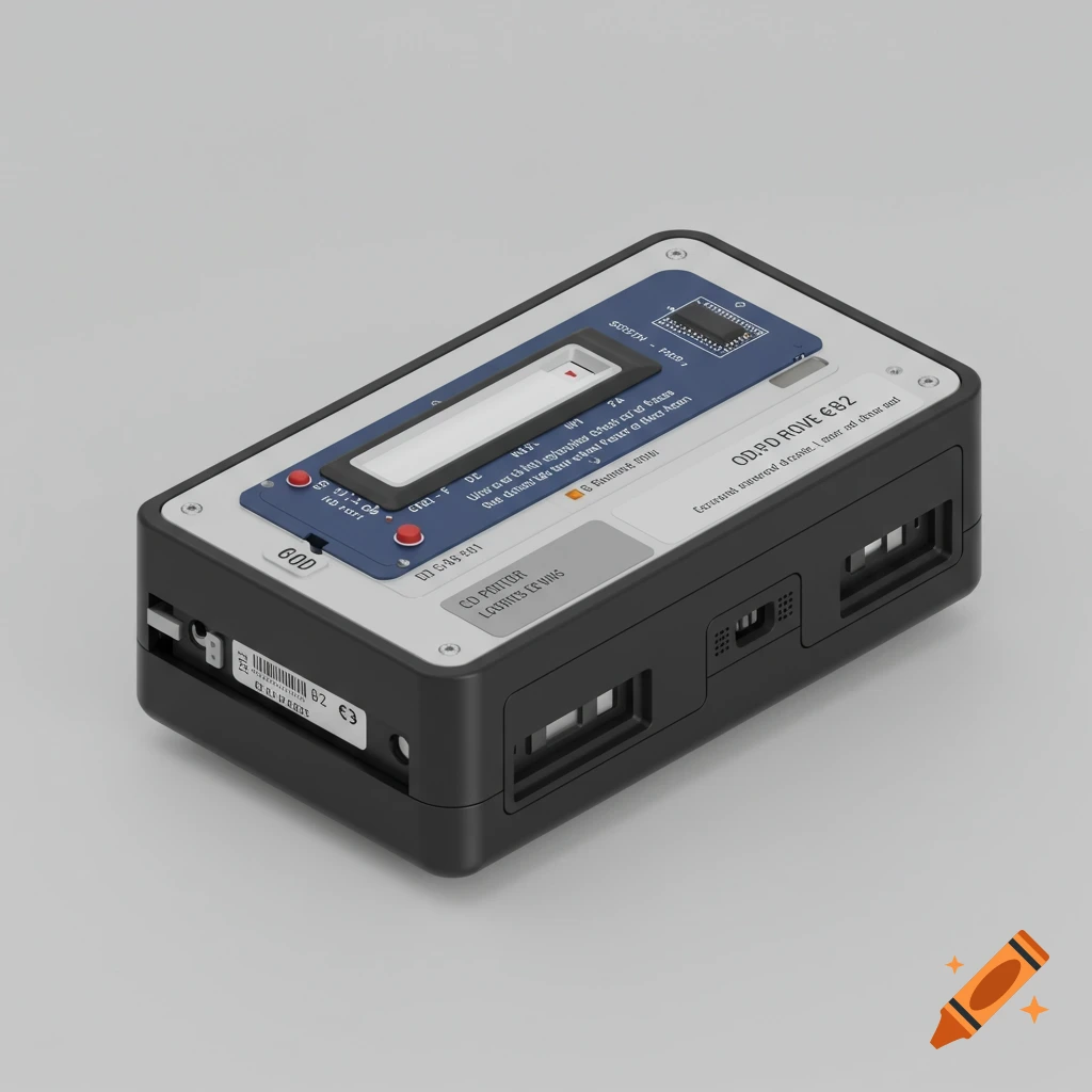 Angled close-up of a black and grey portable electronic device with a blue interface, buttons, and text labels.