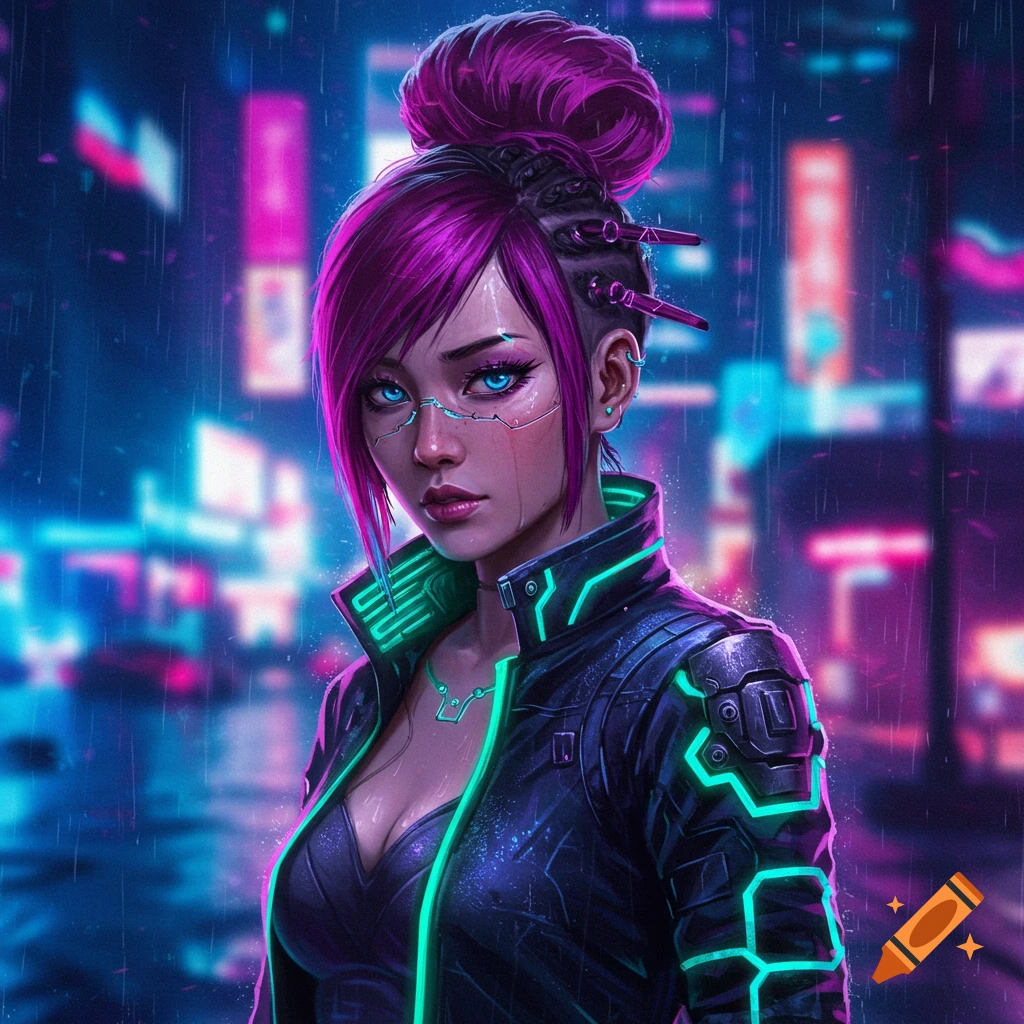 A cyberpunk girl with purple hair stands in a neon-lit rainy city.