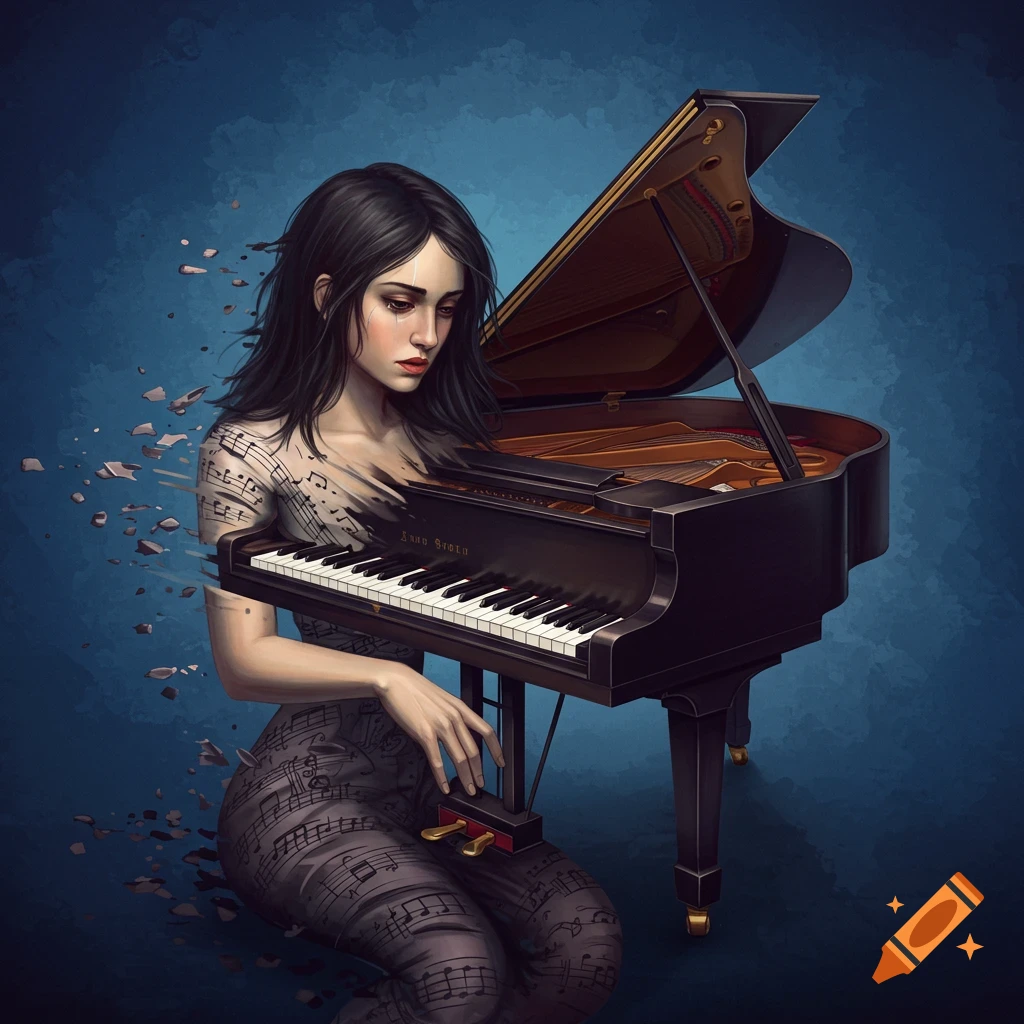 A woman is shown transforming into a piano, with musical notation visible on her body. The background is blue.