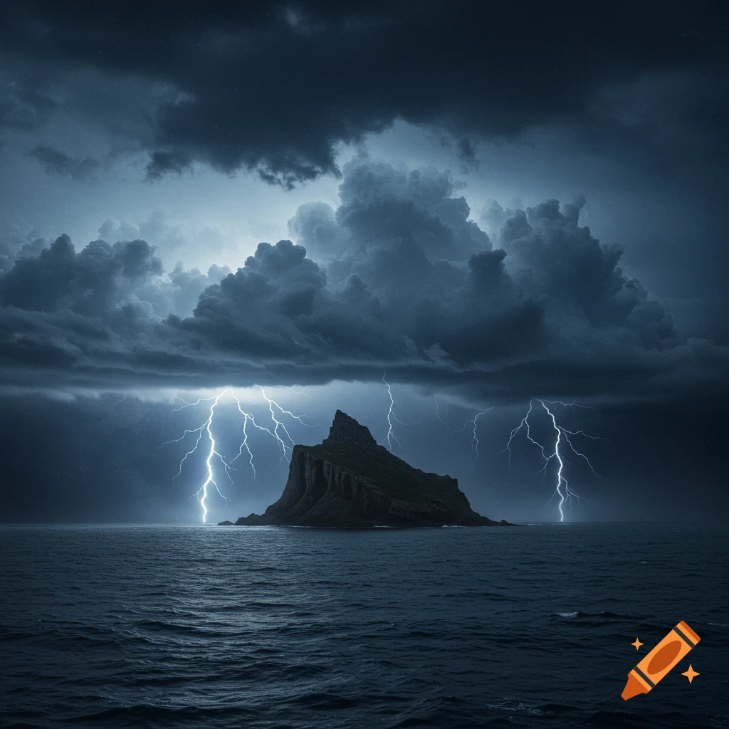A small island in the middle of a violent storm with lightning striking the sea.