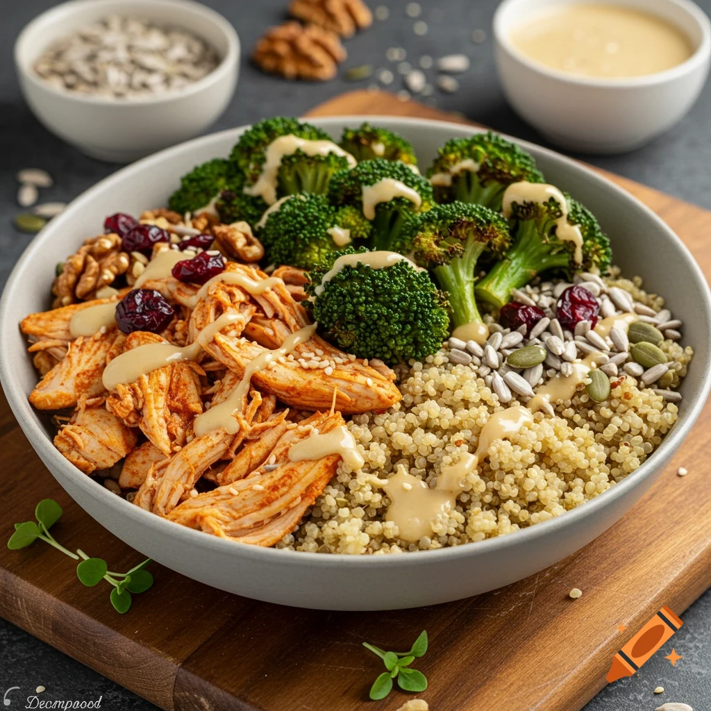 A chicken and broccoli power bowl with quinoa, walnuts, cranberries, sunflower seeds, and a creamy drizzle.