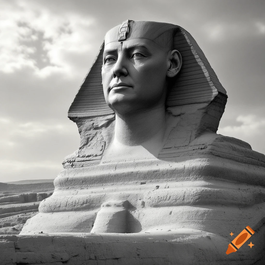 Black and white photo of Donald Trump's face on the Great Sphinx.