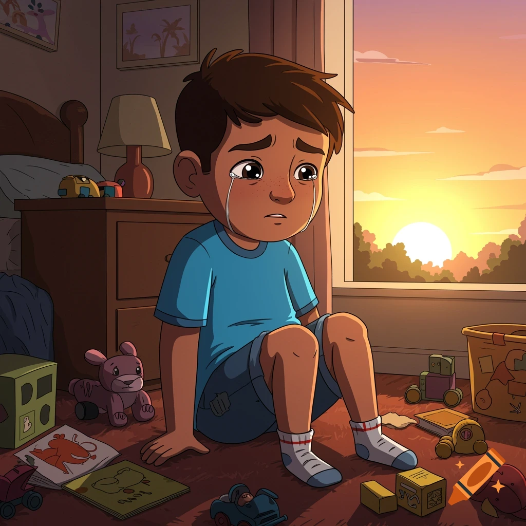 Illustration of a crying boy sitting on the floor in a messy bedroom with toys and a sunset visible through the window.