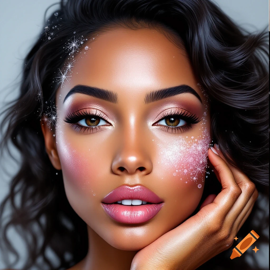 Close-up portrait of woman with heavy makeup and glittering effects.