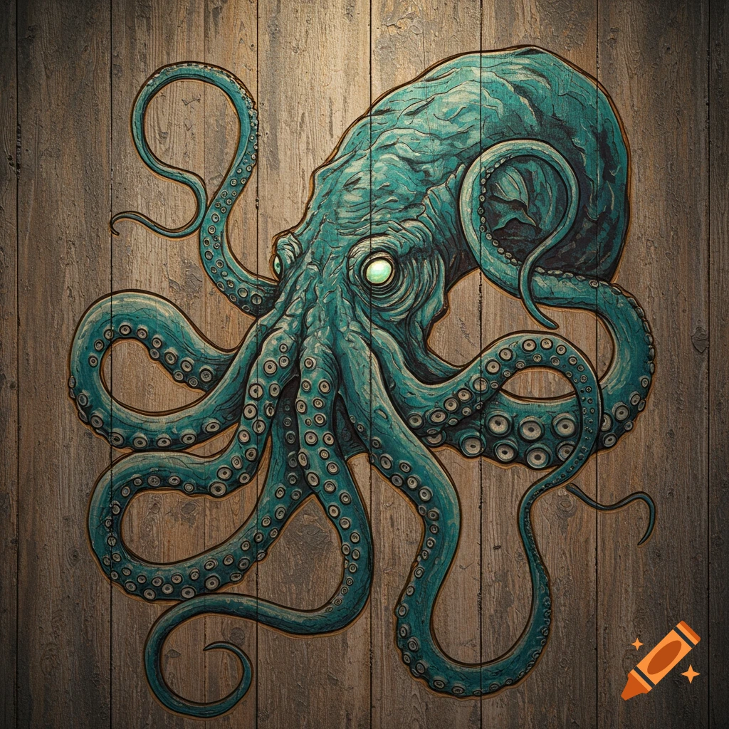 A stylized teal octopus on a wood plank background, rendered as if carved into the wood.