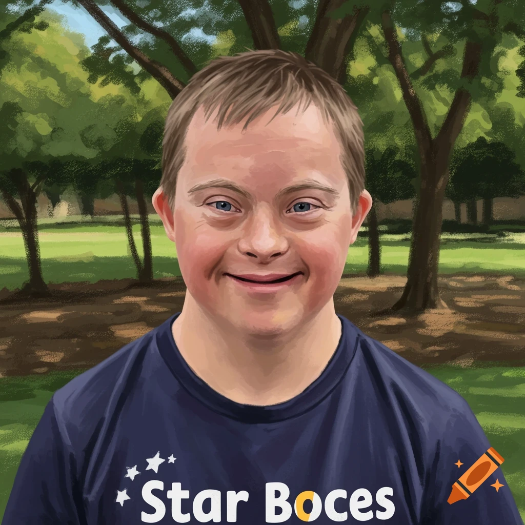 Portrait of a smiling person with Down syndrome wearing a shirt that says 'Star Boces' in a park.