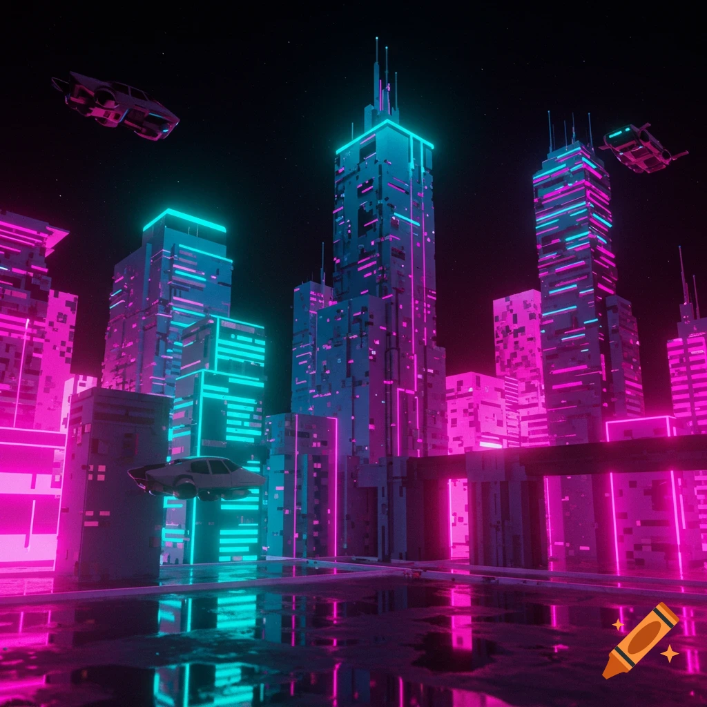 A 3D rendering of a futuristic cityscape at night with neon lights and flying vehicles.